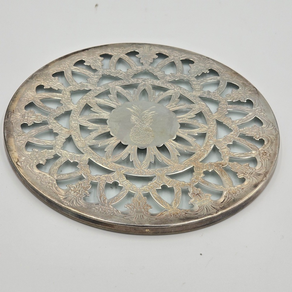 Vintage Silverplate Glass Trivet Italy Pierced Floral Filigree Hot Plate 6"